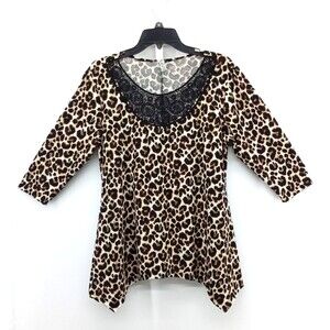 Divine Doll Blouse Women Size XL Brown Animal Print Crochet Round Neck Tunic Top